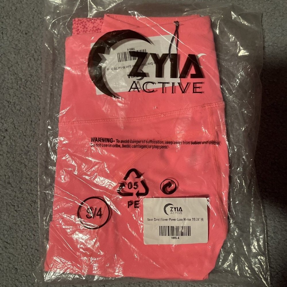 Women’s Zyia Neon Coral Flower Power Luxe Pocket 7/8 Leggings Size 4 NWT